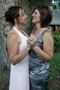 2 happy brides LGBTQ wedding, Sparta, Wisconsin, Justin Trails Resort